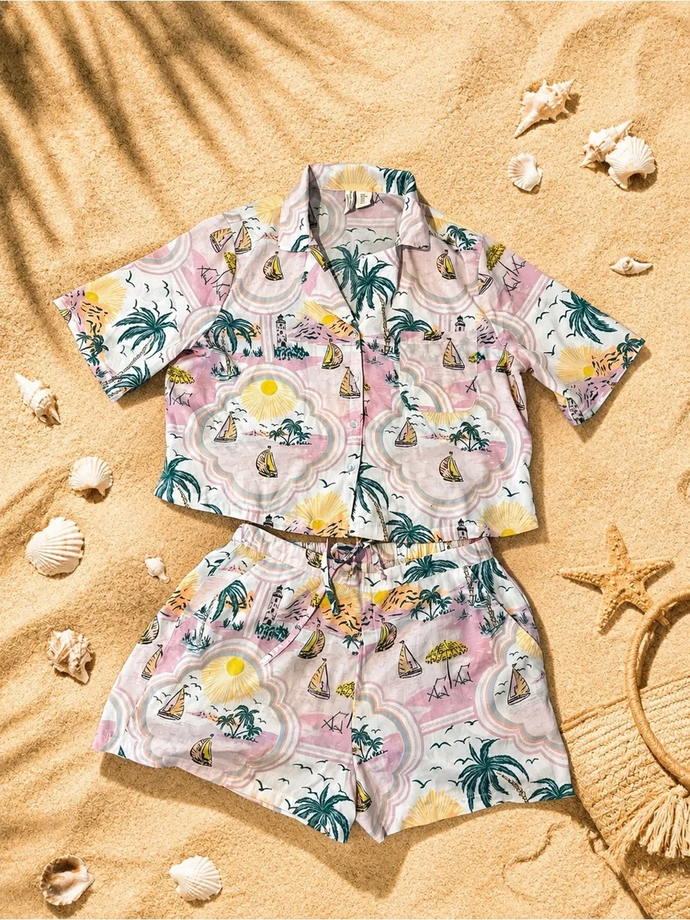 CYNTHIAROWLEY Pastel Tropical Sleepwear Pajama Shorts & Button-Up Top Lounge Set